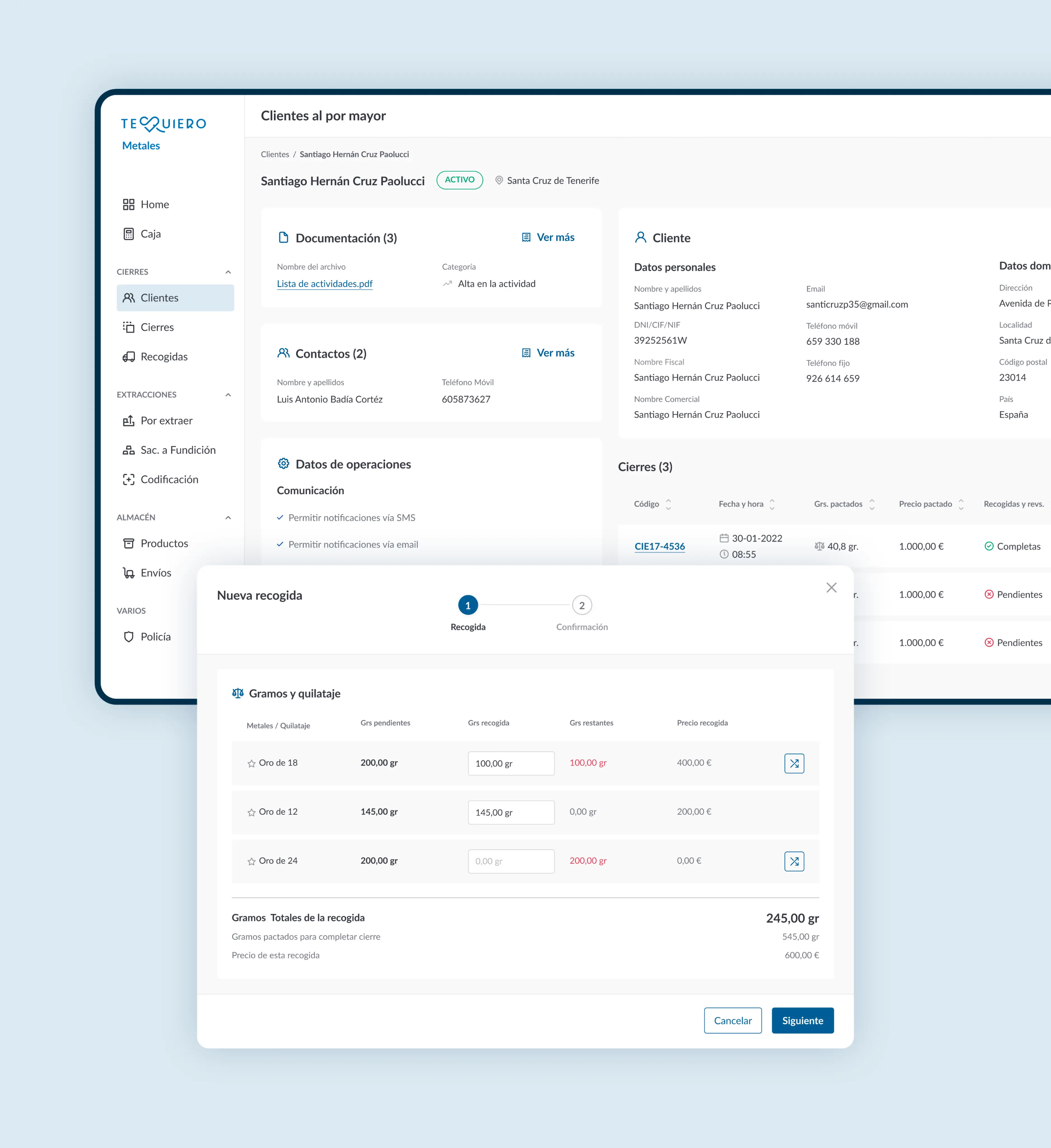 Te Quiero backoffice screenshot
